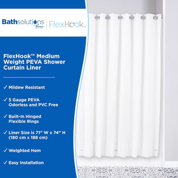 FlexHook Medium Weight PEVA Shower Curtain Liner, 71in W X 74in H, White